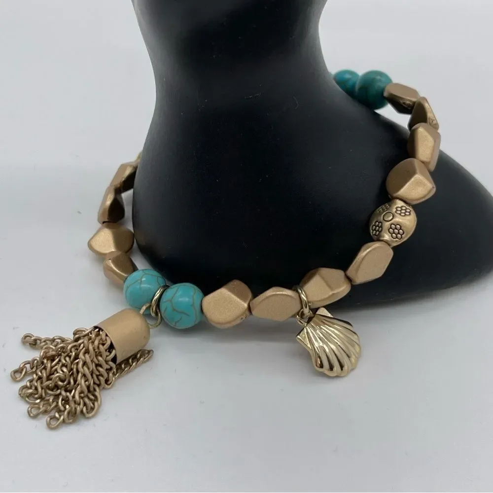 Turquoise and Gold Beads Stretch Bracelet with Tassel and Shell Decor